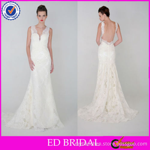 NC305 2015 New Fashion Cream Linning Fishtail Backless Lace Wedding Dress